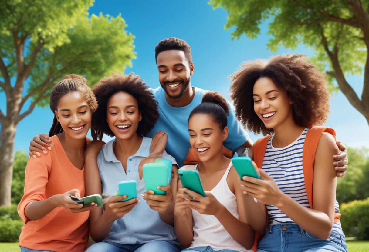 A cheerful family using their phones outdoors, showcasing diverse individuals enjoying Trakfone's prepaid plans. Surround them with lush green trees and a bright blue sky to emphasize happiness and connection. Include vibrant smartphone graphics displaying text bubbles highlighting savings and superior service. Capture the essence of community and communication in a warm atmosphere. super-realistic. vibrant colors. 3D.