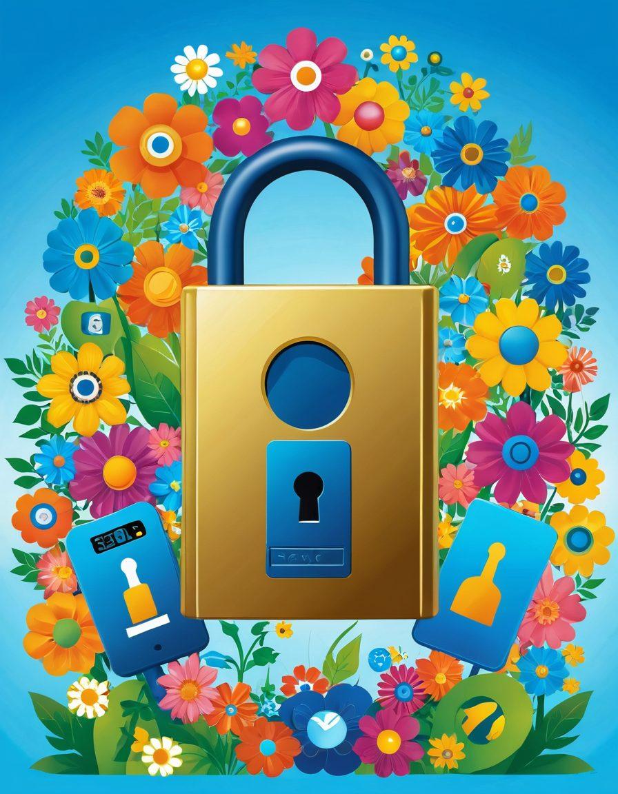 A vibrant illustration of a cheerful person unlocking a giant padlock shaped like a smartphone, symbolizing happiness and freedom. Surrounding them are various icons representing different Tracfone prepaid wireless plans, like signal bars, dollar signs, and diverse phone models. The background is a bright, sunny setting with colorful flowers and a clear blue sky. Emphasize a sense of exploration and joy. bright colors. vector art.